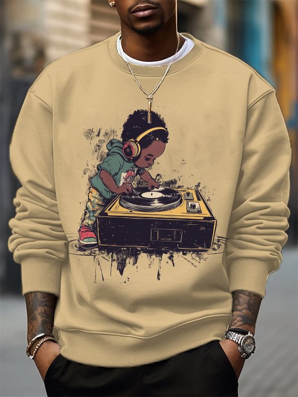 Men's Retro The Little Black Boy Is The DJ Print Casual Sweatshirt