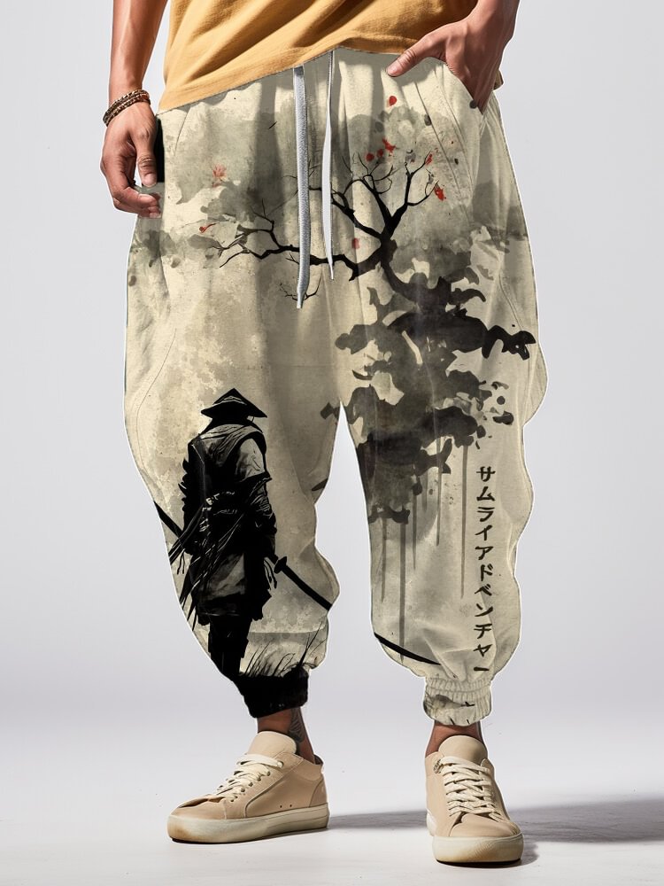 Men's Japan Samurai Landscape Ink Painting Casual Loose Sweatpants