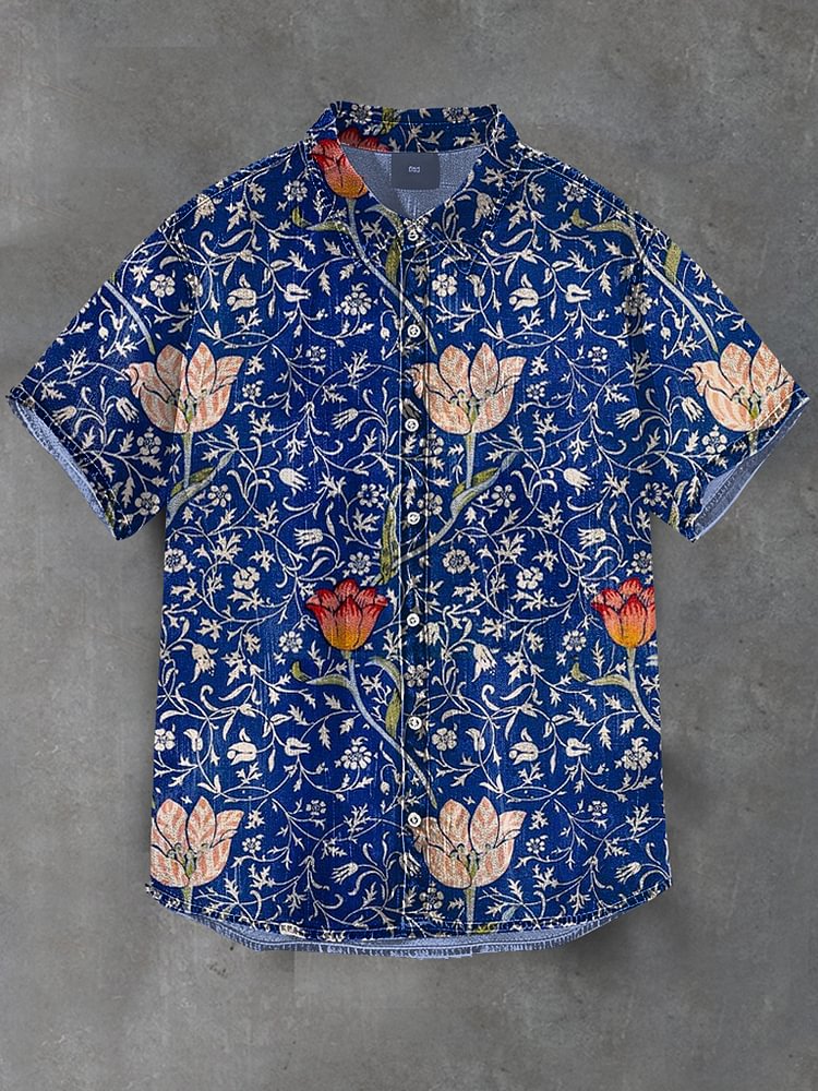 Men's Washed Indian Folk Flower Tannin Print Linen Blend Shirt