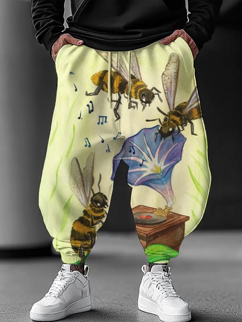 Men's Phonograph Bees Print Loose Drawstring Waist Sweatpants