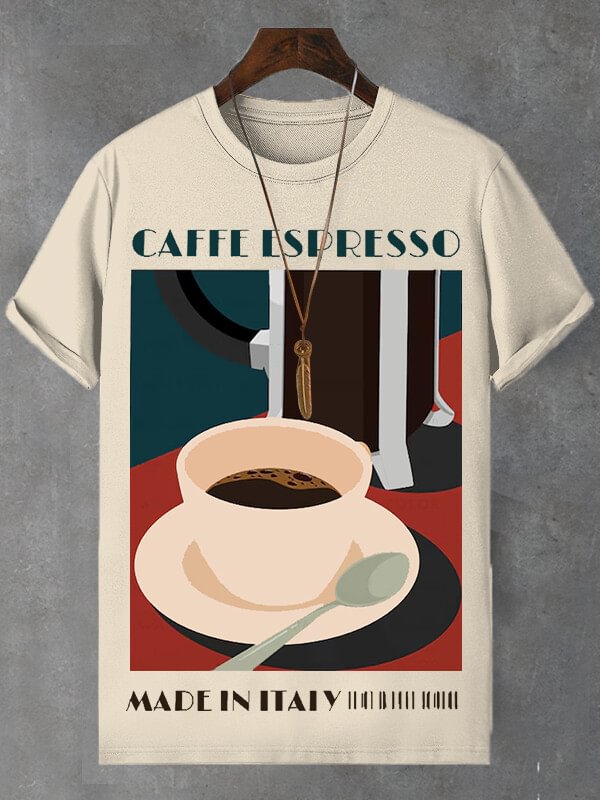 Men's Coffee Espresso Made In Italy Illustration Print Cotton Casual T-Shirt