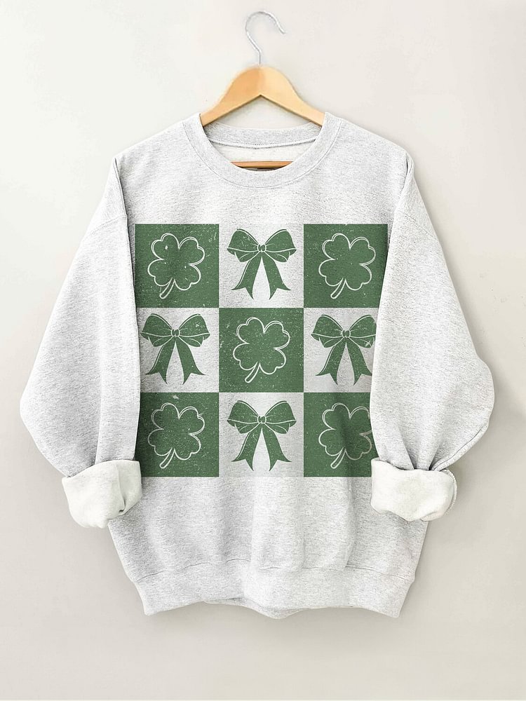 Women's Retro Checkered St Patrick's Day Print Cotton Long Sleeve Sweatshirt