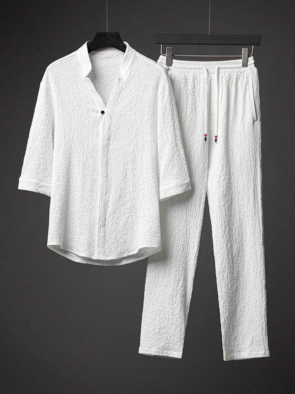 Men's Plain Linen Casual Top Drawstring Pants Matching Set