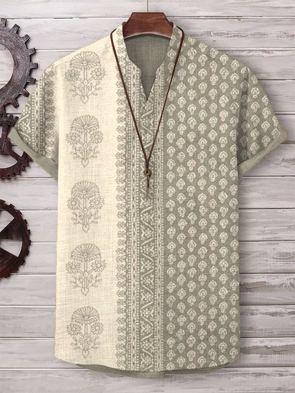 Men's Retro Ethnic Pattern Print V Neck T-Shirt