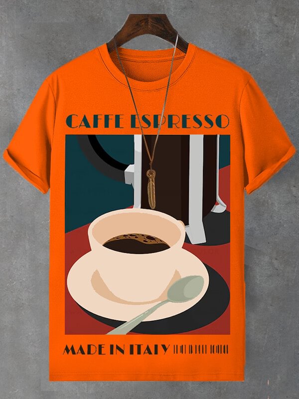 Men's Coffee Espresso Made In Italy Illustration Print Cotton Casual T-Shirt