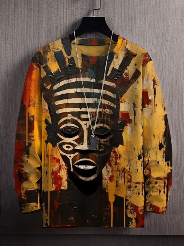 Men's Vintage Black Traditional Tribal Art Print Long Sleeve T-Shirt