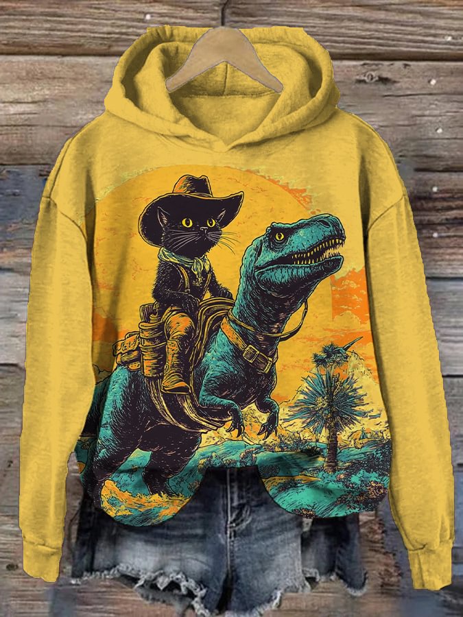Women's The Fantasy Journey Of Cowboy Black Cat And Dinosaur Print Hooded Sweatshirt