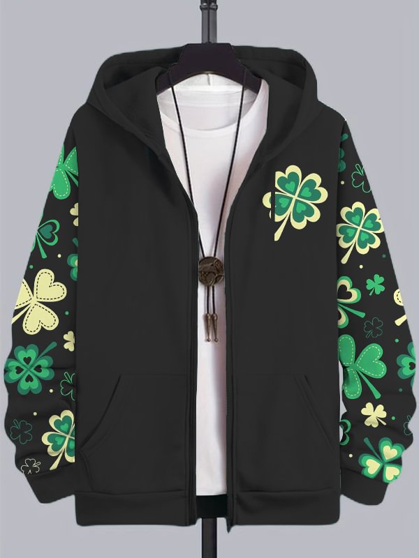Men's St. Patrick's Day Lucky Shamrock Print Hooded Zip Up Jacket