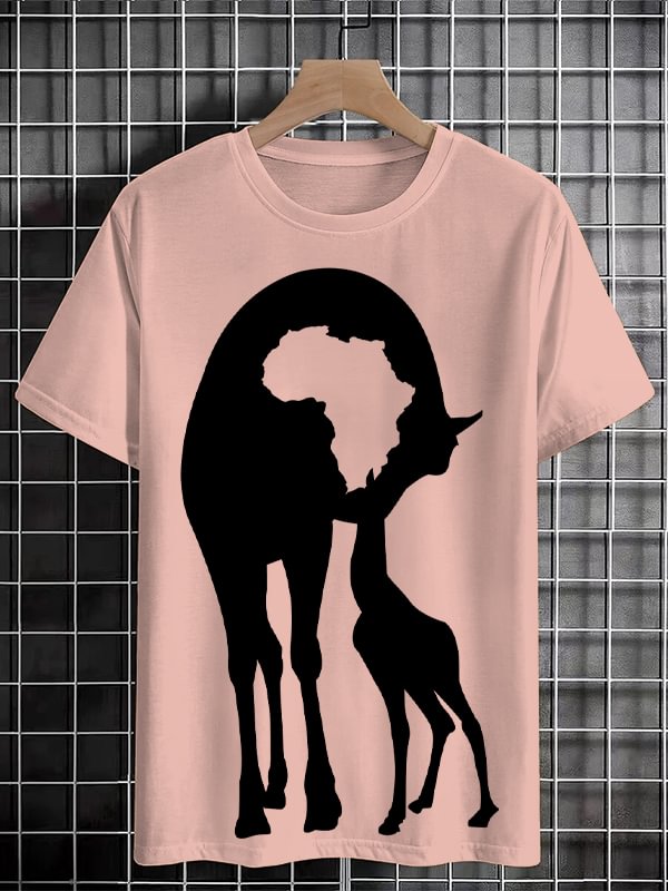 Men's Retro Cute Giraffe Africa Map Silhouette Print Cotton Casual T-Shirt