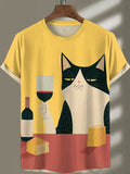 Men's Funny Swallowtail Cat Red Wine Color Block Art Print T-Shirt
