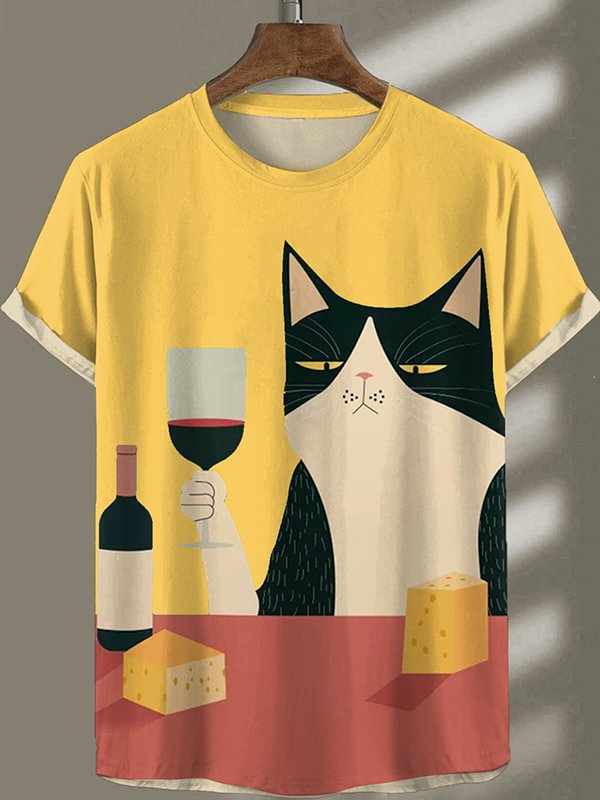 Men's Funny Swallowtail Cat Red Wine Color Block Art Print T-Shirt