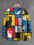 Men's Geometric Mondrian Cat Fun Art Print Knit Sweatshirt