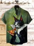Men's Dracula Vampire Cat Eating Pizza Oil Painting Print Shirt