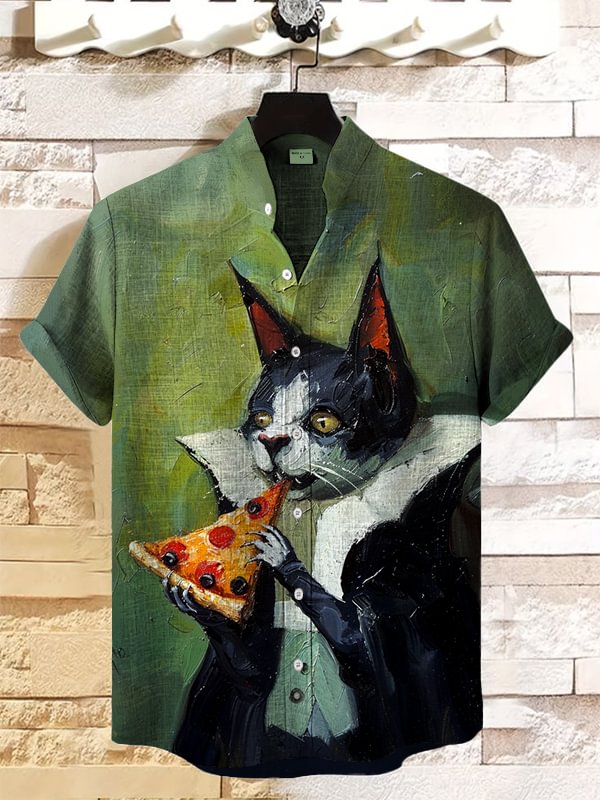 Men's Dracula Vampire Cat Eating Pizza Oil Painting Print Shirt