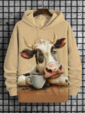 Men's Cow Drinking Coffee Art Print Hooded Sweatshirt