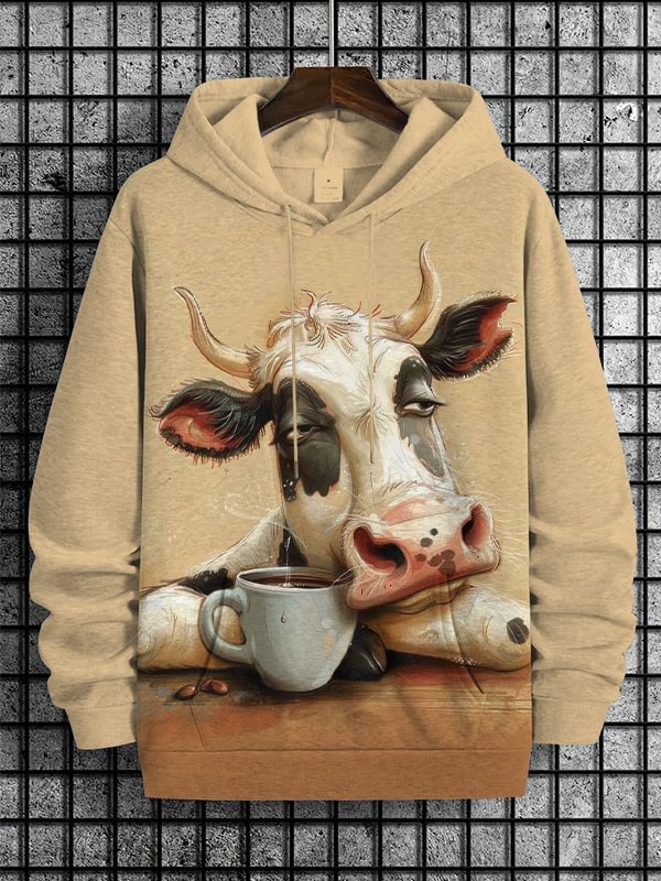 Men's Cow Drinking Coffee Art Print Hooded Sweatshirt