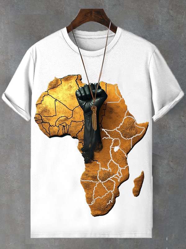 Men's African Map Black Fist Three-Dimensional Print Cotton Casual T-Shirt