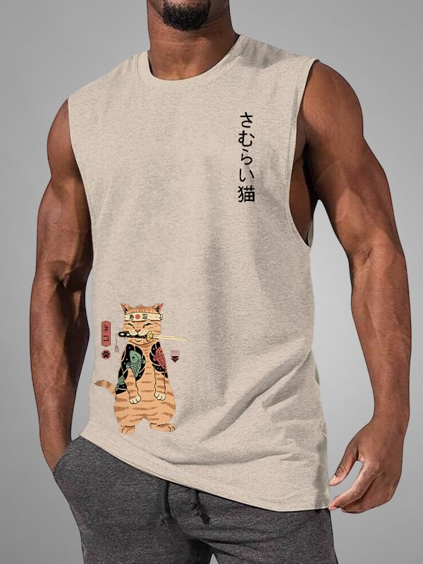 Men's Japanese Sushi Samurai Cat Print Casual Tank Top