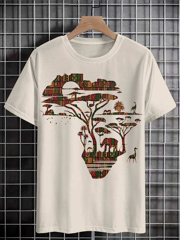 Men's Africa Map Silhouette Traditional Pattern Plains Animal Silhouettes Print Cotton Casual T-Shirt