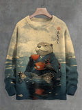 Men's River Kimono Otter Tasting Tea Japanese Art Print Knit Sweatshirt