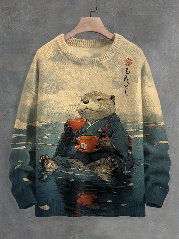 Men's River Kimono Otter Tasting Tea Japanese Art Print Knit Sweatshirt