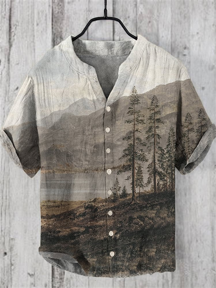Men's Retro Landscape Painting Art Print Casual Shirt