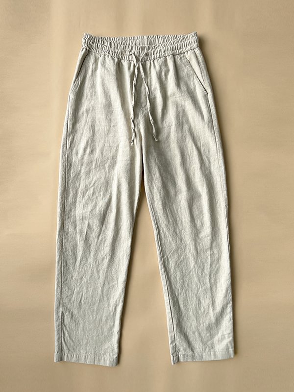 Men's Casual Solid Slant Pocket Elastic Waist Drawstring Straight-Leg Cotton Pants