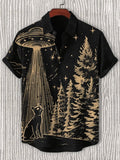 Men's Cat Encounters Alien Spaceship Retro Fantasy Art Print Shirt