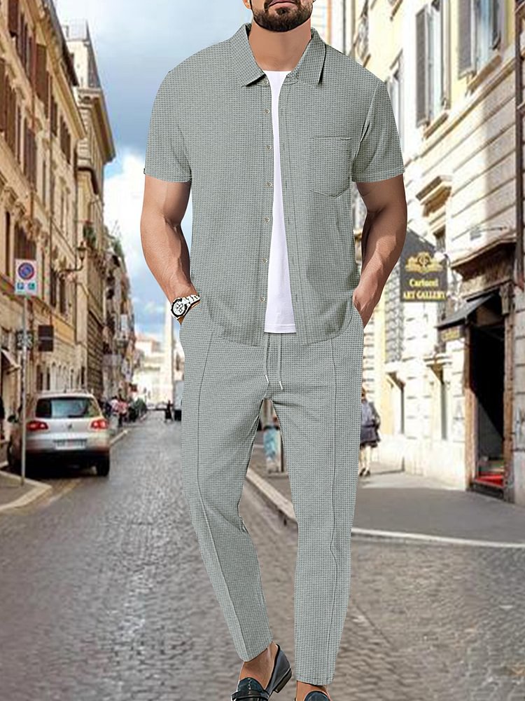 Men's Waffle Solid Color Short Sleeve Shirt Slant Pocket Pants Matching Set