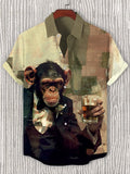 Men's Retro Gentleman Monkey Drinking Art Print Casual Shirt