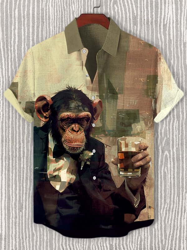 Men's Retro Gentleman Monkey Drinking Art Print Casual Shirt