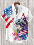 Men's Cat Patriot USA Flag Watercolor Art Print Linen Blend Short Sleeve Shirt