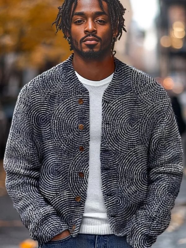 Men's Circular Lines Print Button Down Knit Cardigan