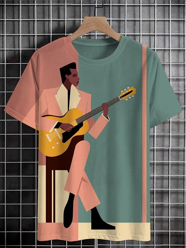 Men's Retro Black Guitar Music Art Print Casual T-Shirt