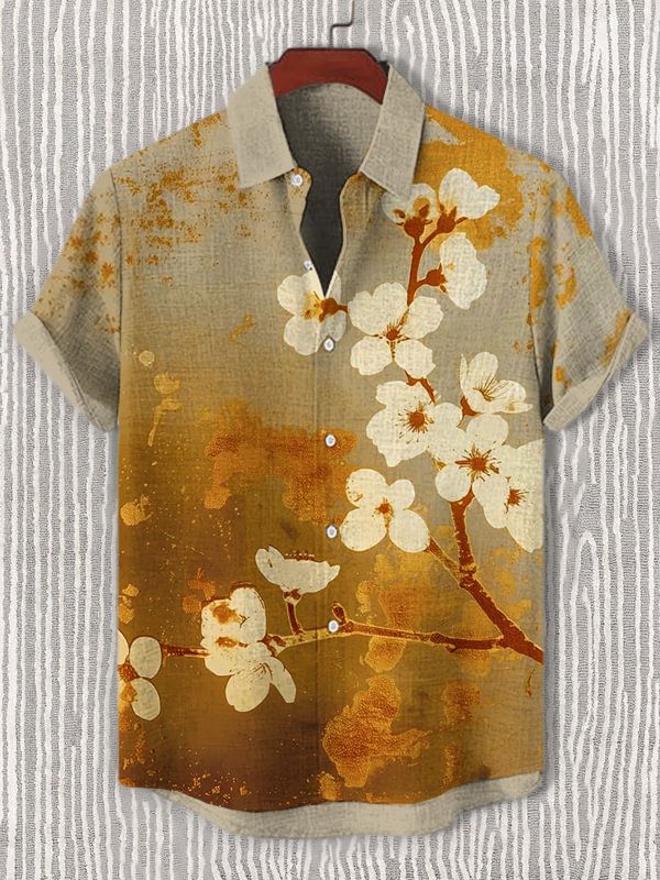 Men's Gold Foil Cherry Blossoms Japanese Art Print Casual Shirt