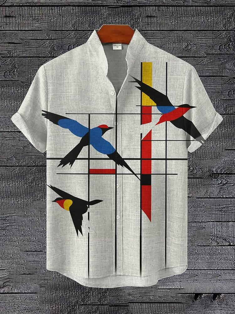 Men's Mondrian Style Flying Birds Art Print Casual Short Sleeve Shirt