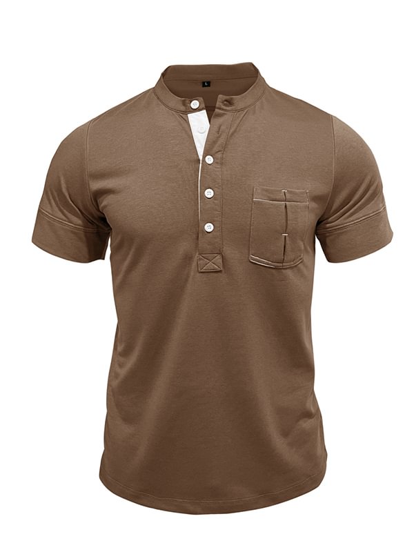 Men's Casual Plain Quilted Pocket Half Button Stand Collar Polo Shirt