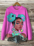 Women's Tween Cute Girl Print Knit Sweatshirt