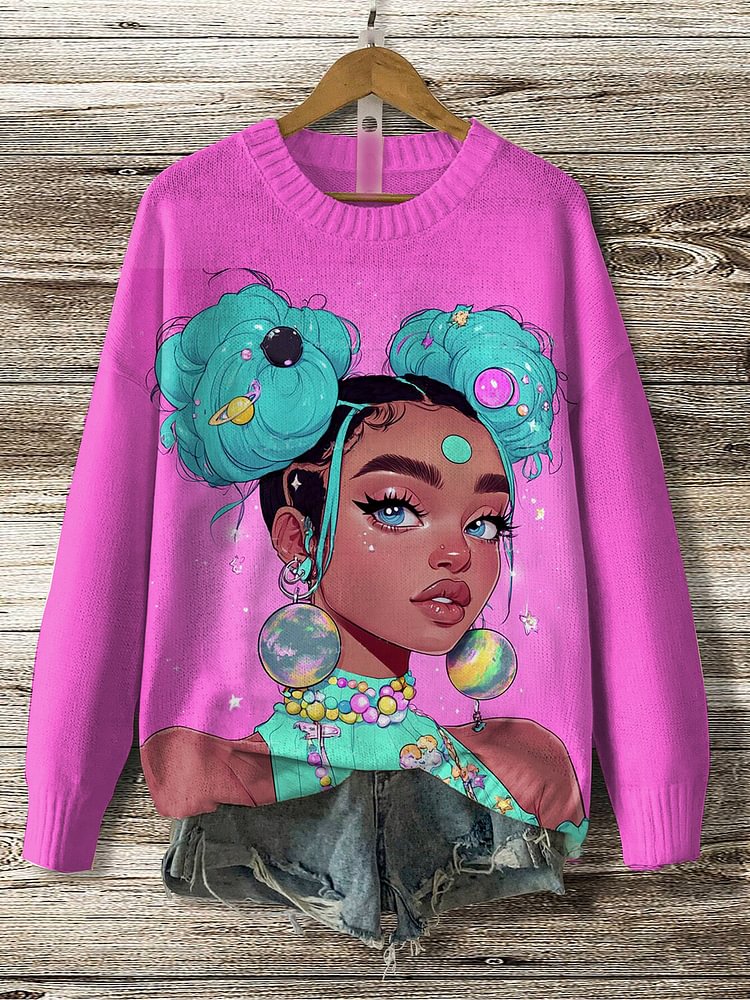 Women's Tween Cute Girl Print Knit Sweatshirt