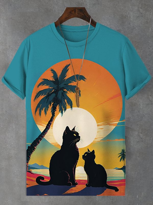 Men's Cats Seaside Sunset Scenery Print Casual T-Shirt
