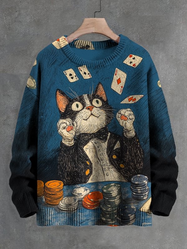 Men's Cat Playing Poker Cards Art Print Knit Sweatshirt