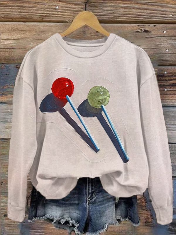 Women's Red And Green Lollipop Oil Painting Print Casual Sweatshirt