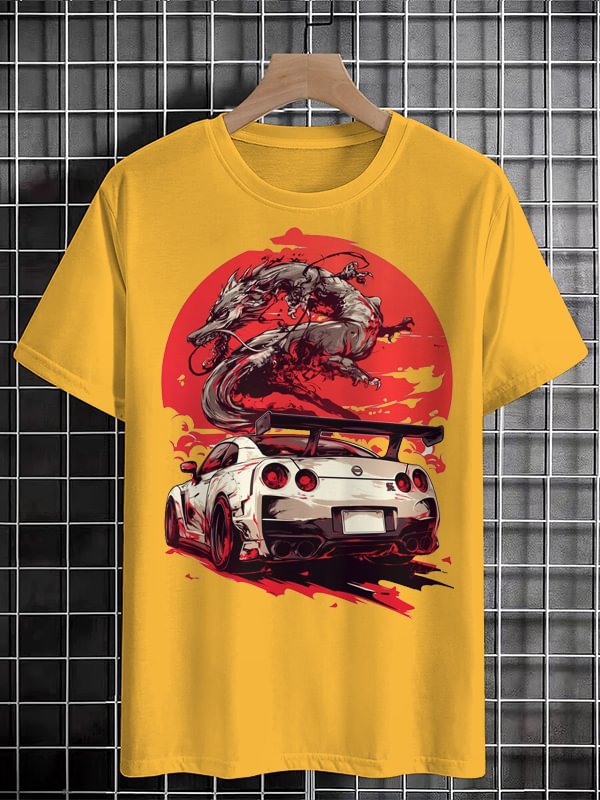 Men's Cool Dragon Car Illustration Print Cotton Casual T-Shirt