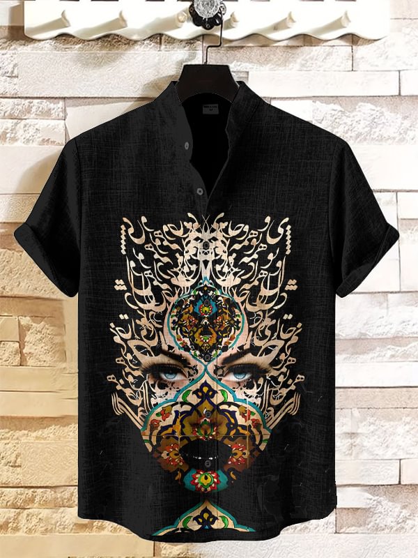 Men's Calligraphy Patterns Mask Art Print Casual Shirt