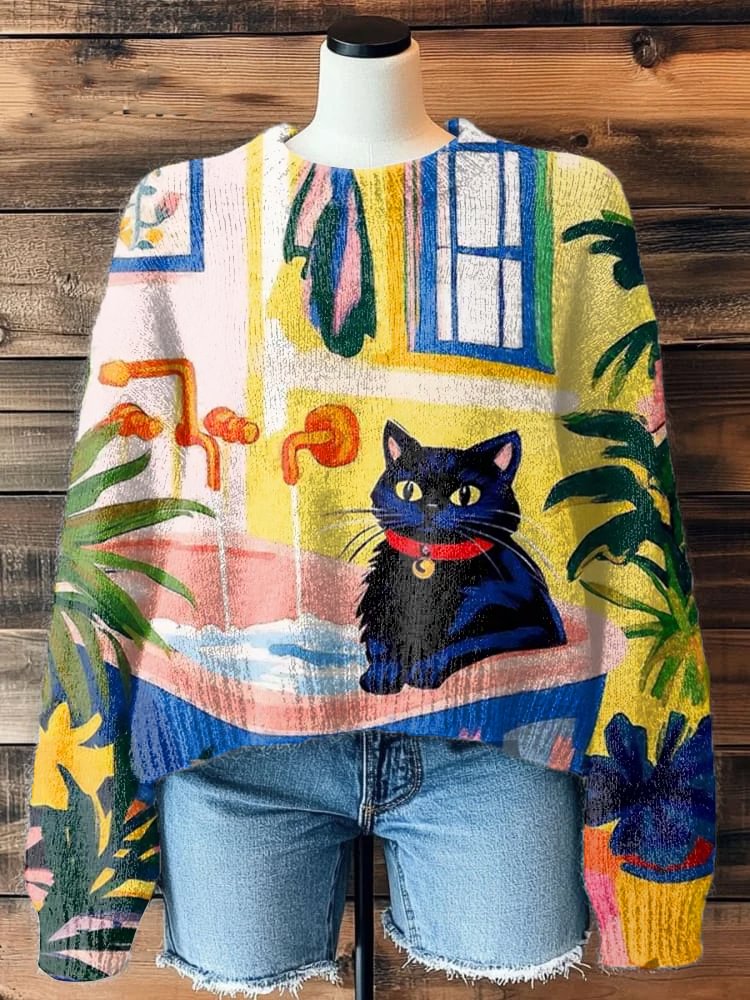 Women's Black Cat Bath Plant Pot Art Print Knit Sweatshirt
