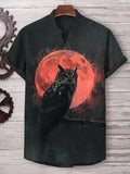 Men's Darkly Owl Moon Pattern Art Print Linen Blend V Neck T-Shirt