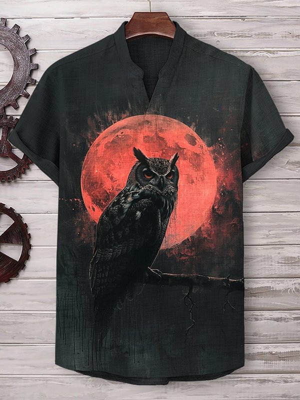 Men's Darkly Owl Moon Pattern Art Print Linen Blend V Neck T-Shirt