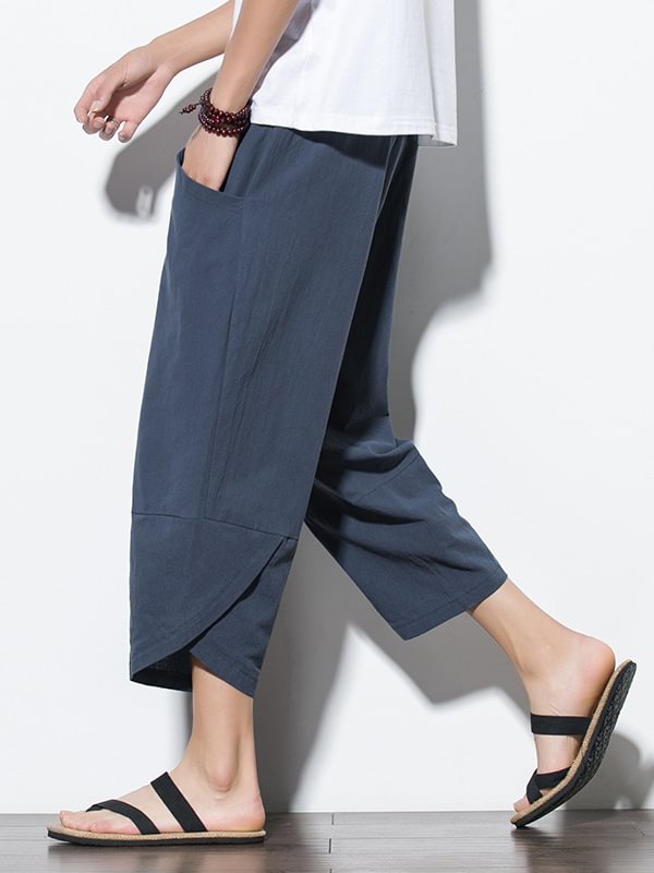 Men's Casual Pocket Drawstring Waist Wrapped Cuff Cotton Linen Crop Harem Pants
