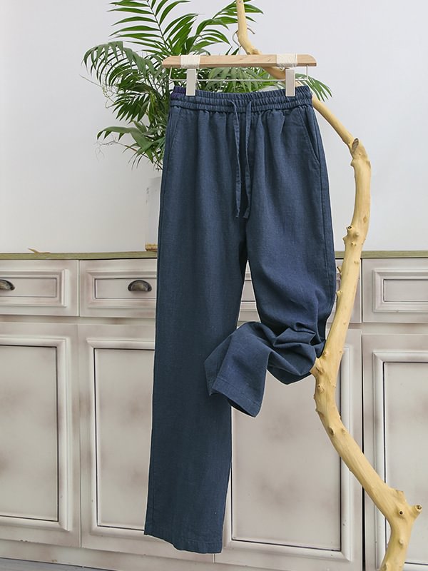 Men's Cotton Linen Plain Elastic Drawstring Waist Wide Leg Pants