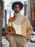 Women's Colorblock Lines Art Print High Neck Knit Sweatshirt